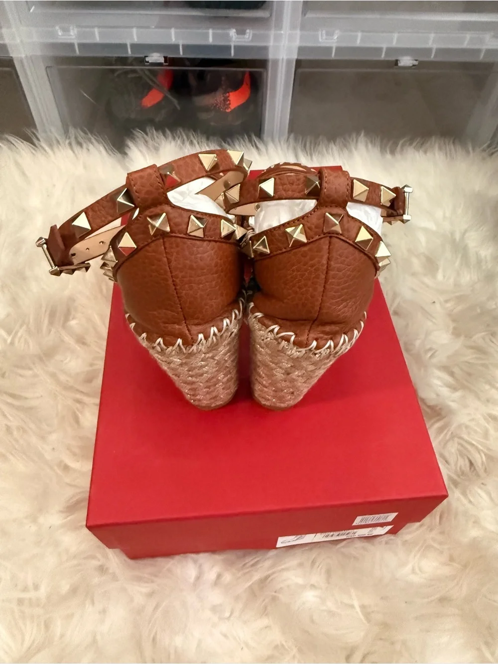 Valentino Brown Leather Rockstud Espadrille Wedge Sandals